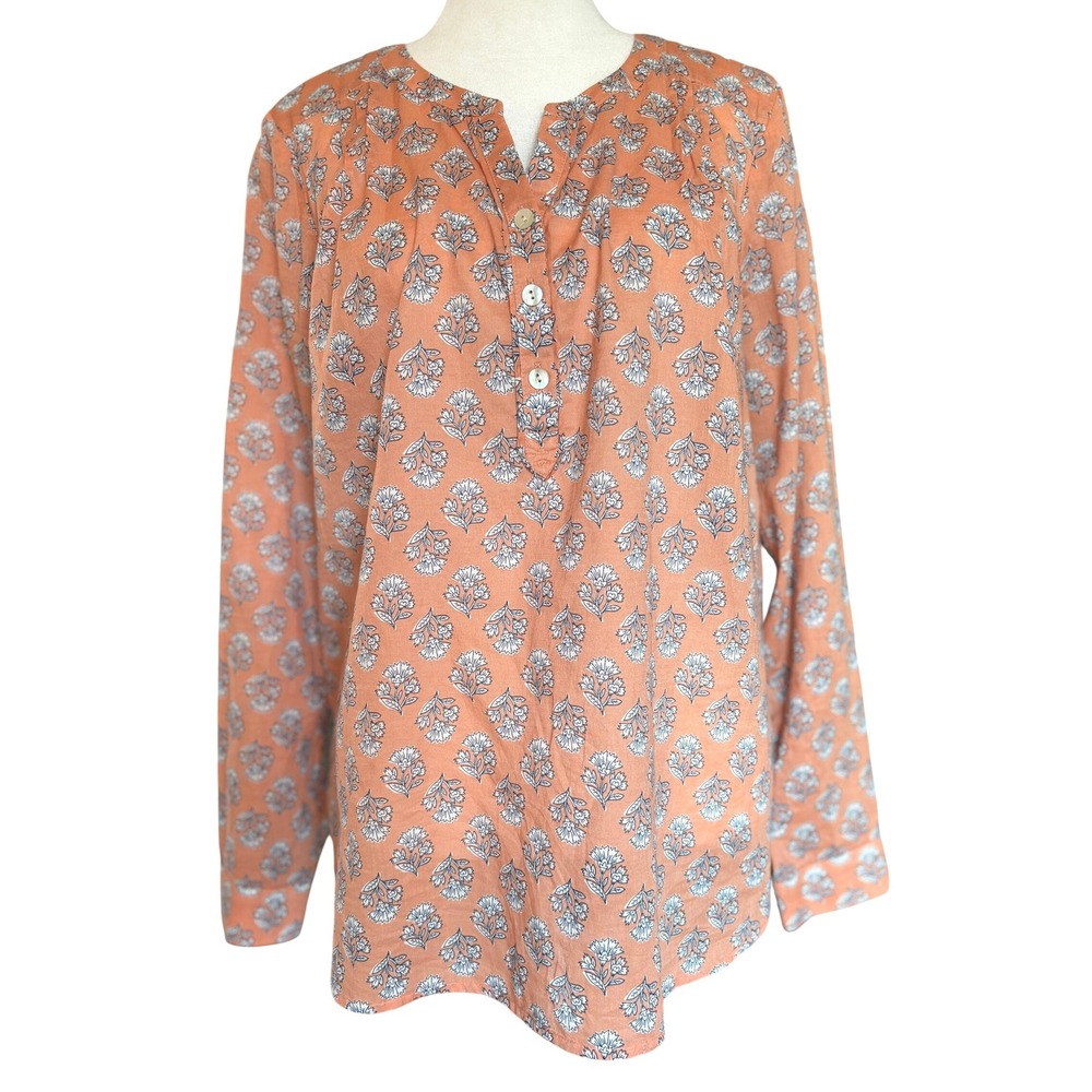 J. Jill Blouse Small Orange Floral Henley Cotton Smock Pleated Top